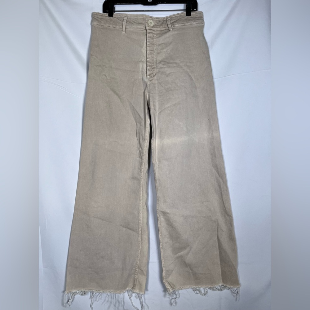 Zara Super High Rise Marine Wide Leg Jeans Women's Tan Raw Hem Chunky Button‎ 12